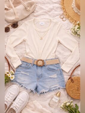 MATE The Label Organic Cotton Waffle Knit Long Sleeve Cream Top XS